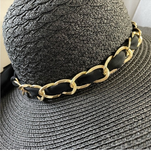 Marcus Adler New York black floppy hat with gold chain and sheer scarf accent - Picture 5 of 7